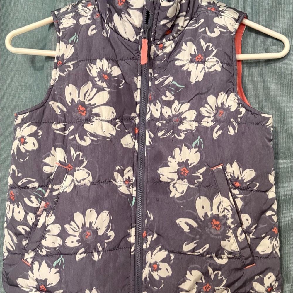 Osh Gosh B’gosh Kids Floral Puffer Vest Girls Size 7 Blue Orange Zip Flowers